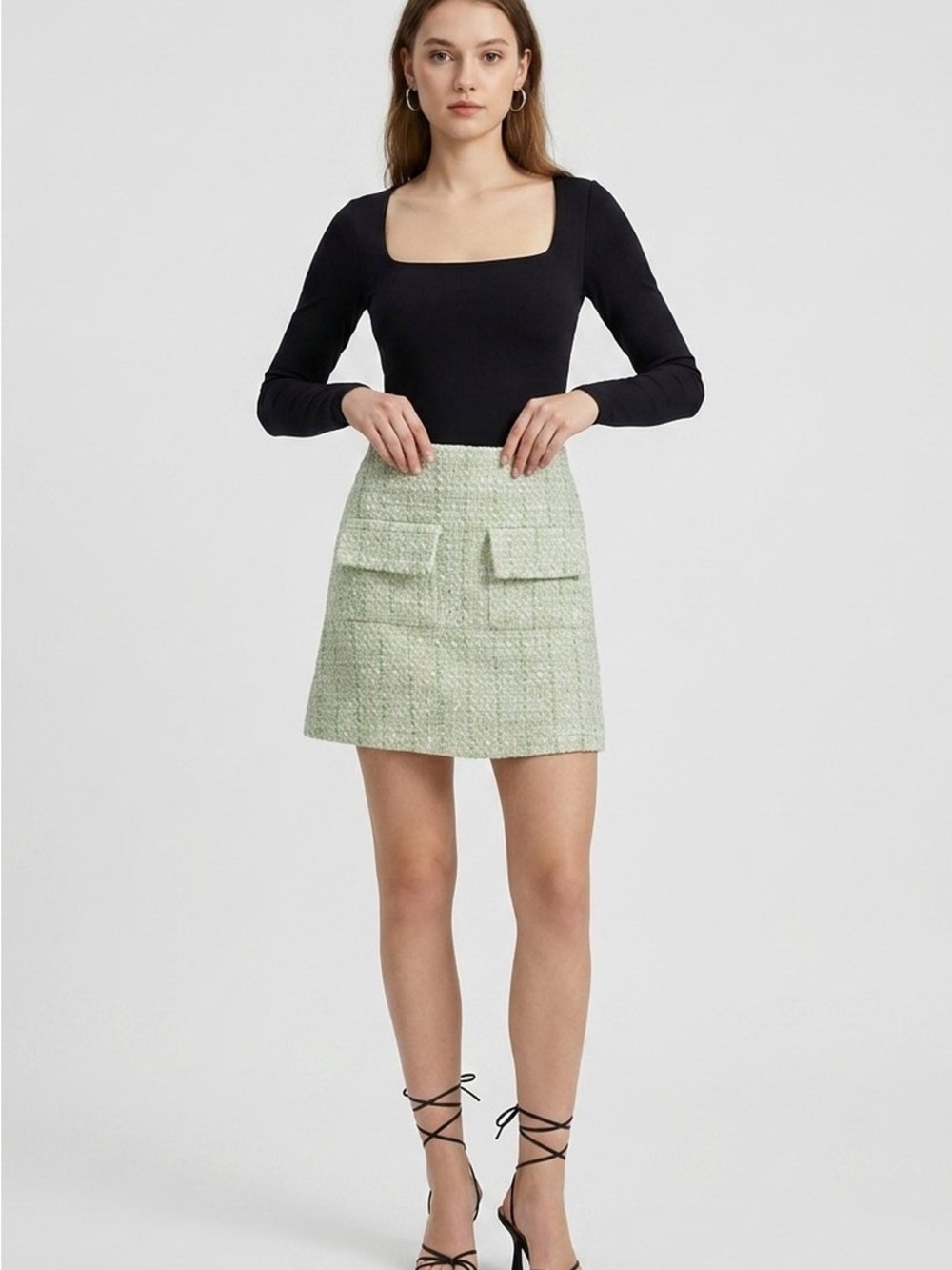 NWT Maje Junova Light Green Metallic Bouclé Tweed Mini Skirt FR 34 US 2